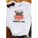 Cute Letter Summer Time Cartoon Dog Graphic Roll up Sleeve Crew-neck Fit T Shirt in White