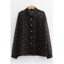 Stylish Ladies Ditsy Floral Printed See-through Mesh Long Sleeve Point Collar Button up Relaxed Shirt Top