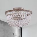 2 Lights Basket Semi Flush Lamp Farmhouse Aged Silver Faceted Crystal Flush Mounted Light