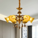 Brass 6 Heads Ceiling Chandelier Postmodern Amber Glass Drooping Bell Hanging Lamp