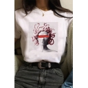Unique Womens Spoof Statue Pattern Short Sleeve Crew Neck Relaxed T Shirt in White