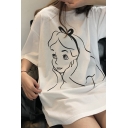 Popular Womens Cartoon Girl Print Short Sleeve Crew Neck Long Loose T-shirt