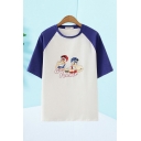 Letter Girl Foodie Cartoon Girl Graphic Contrasted Raglan Short Sleeve Crew Neck Loose Stylish Tee in White