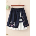 Stylish Navy Blue Cartoon Cat Letter Grand Thief Embroidered Slit Elastic Waistband Short A-line Pleated Skirt for Women
