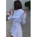 Stylish Ladies White Bell Long Sleeve Turn-down Collar Button up Flap Pockets Ruffled Mini A-line Shirt Dress
