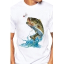 Chic Fish Patterned Short Sleeve Crew Neck Slim Fitted White Tee for Men