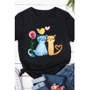 Cute Cartoon Cat Printed Rolled Short Sleeve Crew Neck Fitted T-shirt for Girls