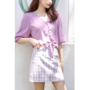 Boutique Girls Solid Color Button Down Tie V Neck Short Puff Sleeve Regular Fit Crop Blouse
