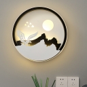 Circle Bedside Wall Light Fixture Iron Modern Style LED Wall Mural Lamp with Eagle-Sunset Silhouette in Black-White