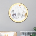 Sun and Misty Mountain Mural Light Chinese Metal Gold LED Circle Sconce Lamp Fixture
