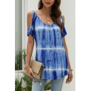 Womens Tie-dye Stripe Print Short Sleeve Cold Shoulder Relaxed Fit Novelty Tee in Blue