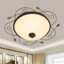 Farmhouse Bowl Shade Ceiling Mounted Lamp 3-Bulb White Glass Flush Light Fixture with Branch Deco in Black, 18
