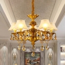 Traditional Wide Flared Scalloped Pendant 5 Bulbs Frosted White Glass Chandelier Lighting in Gold for Dining Room