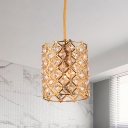 Gold Finish Cylinder Hanging Lamp Kit with Latticed Design Modernist 1-Light Opulent Inlaid Crystal Pendant