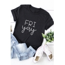Simple Guys Letter Fri Yay Patterned Rolled Short Sleeve Crew Neck Slim Fitted T-shirt