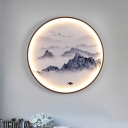 Ink Mountain Painting Loft House Mural Lamp Aluminum Chinese LED Wall Mounted Light Fixture with Black Metal Frame