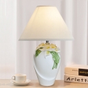 Single Altar Shaped Desk Light Traditional White and Green Ceramics Night Table Lamp with Cone Fabric Shade