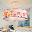 Drum Shade Ceiling Light with Safari Design Baby Kids Room Fabric Triple Lights Semi Flush Light in White