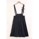 Popular Womens Cartoon Embroidered Bow Tied Straps Short Pleated A-line Suspender Dress in Black