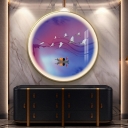 Purplish Blue Circular Wall Sconce Asian Style LED Metallic Wall Mural Light with Cranes and River Pattern