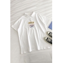 Preppy Girls Insect Embroidery Print Detail Button Slit Side Collar Short Sleeve Regular Fit Polo Shirt