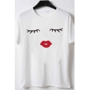 Simple Womens Cartoon Face Printed Short Sleeve Round Neck Relaxed Fit T Shirt in White