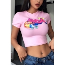 Pretty Girls Letter Angel Graphic Short Sleeve Crew Neck Slim Fit Cropped T-shirt