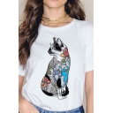 Exclusive Womens Cartoon Cat Print Short Sleeve Round Neck Relaxed Fit Tee Top in White