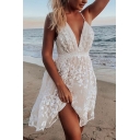 Pretty Womens Lace Halter Hollow out Back Short A-line Cami Dress in White