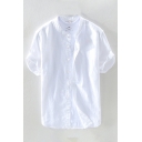Simple Linen and Cotton Solid Color Rolled Short Sleeve Collarless Button up Relaxed Shirt Top