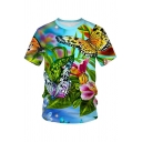Fancy Butterfly Plant 3D Pattern Crew Neck Short Sleeve Fitted T-Shirt for Men