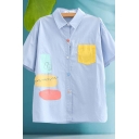 Lovely Girls Formular Printed Contrasted Panel Pocket Colorful Button up Short Sleeve Point Collar Loose Shirt