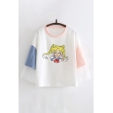 Popular Cartoon Figure Print Contrasted Sheer Mesh Patched Long Sleeve Round Neck Loose T-shirt
