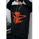 Cool Womens Skull Print Long Sleeve Crew Neck Oversize Knitted Pullover Sweater in Black