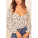 Polka Dot Pattern Long Sleeve Sweetheart Neck Fitted Stylish Blouse Top in White