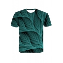 Chic Mens 3D Leaf Pattern Round Neck Short Sleeve Regular Fitted Tee Top in Green
