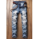 Dressy Mens Stacked Ripped Medium Wash Pocket Zipper Mid Rise Full Length Slim Fitted Jeans
