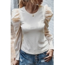 Fancy Womens Solid Color Puff Sleeve Crew Neck Slim Fit Tee Top