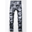Unique Men's Grey Jeans Printed Zip-fly Button Pocket Straight Fit Full Length Jeans with Washing Effect