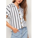 Stylish Womens Stripe Printed Roll up Sleeve Spread Collar Button down Loose Shirt in White
