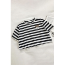 Trendy Womens Double Label Detail Striped Crew Neck Short Sleeve Loose Fit Crop Tee Top