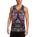Casual Mens Tank Top 3D Floral Skull Printed Slim Fitted Round Neck Sleeveless Tank Top