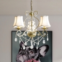 Scalloped Flared Fabric Drop Lamp Countryside 3 Lights Dining Room Chandelier in Gold with Scroll Arm and Crystal Accent