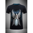 Classic 3D Angel Skull Printed Slim Fitted Short Sleeve Crew Neck Tee Top for Men