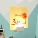 Nordic Fall Tree and Bike Mural Lighting Acrylic Bedside LED Square Wall Light Fixture in White-Orange