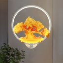 Asian Halo Ring Wall Mount Light with Gold Tree Design Metal LED Indoor Mural Lamp in White/Black, Left/Right