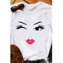 Fashion Girls Cartoon Face Pattern Roll up Sleeves Crew-neck Slim Fit T-shirt in White