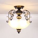 Bowl White Glass Semi Flush Lamp Fixture Traditional 3 Heads Corridor Ceiling Mounted Light in Black