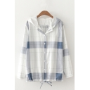 Casual Sun-protection Plaid Printed Long Sleeve Hooded Button down Drawstring Hem Relaxed Shirt Top