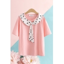 Trendy Womens Polka Dot Print Tied Front Short Sleeve Round Neck Loose Tee Top